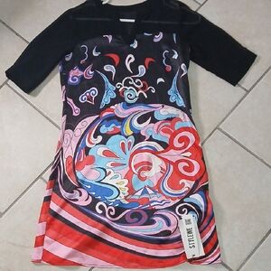 STYLEWE Womens Size S Black & Pink Silk & Sheer Sleeved Mini Dress NWT